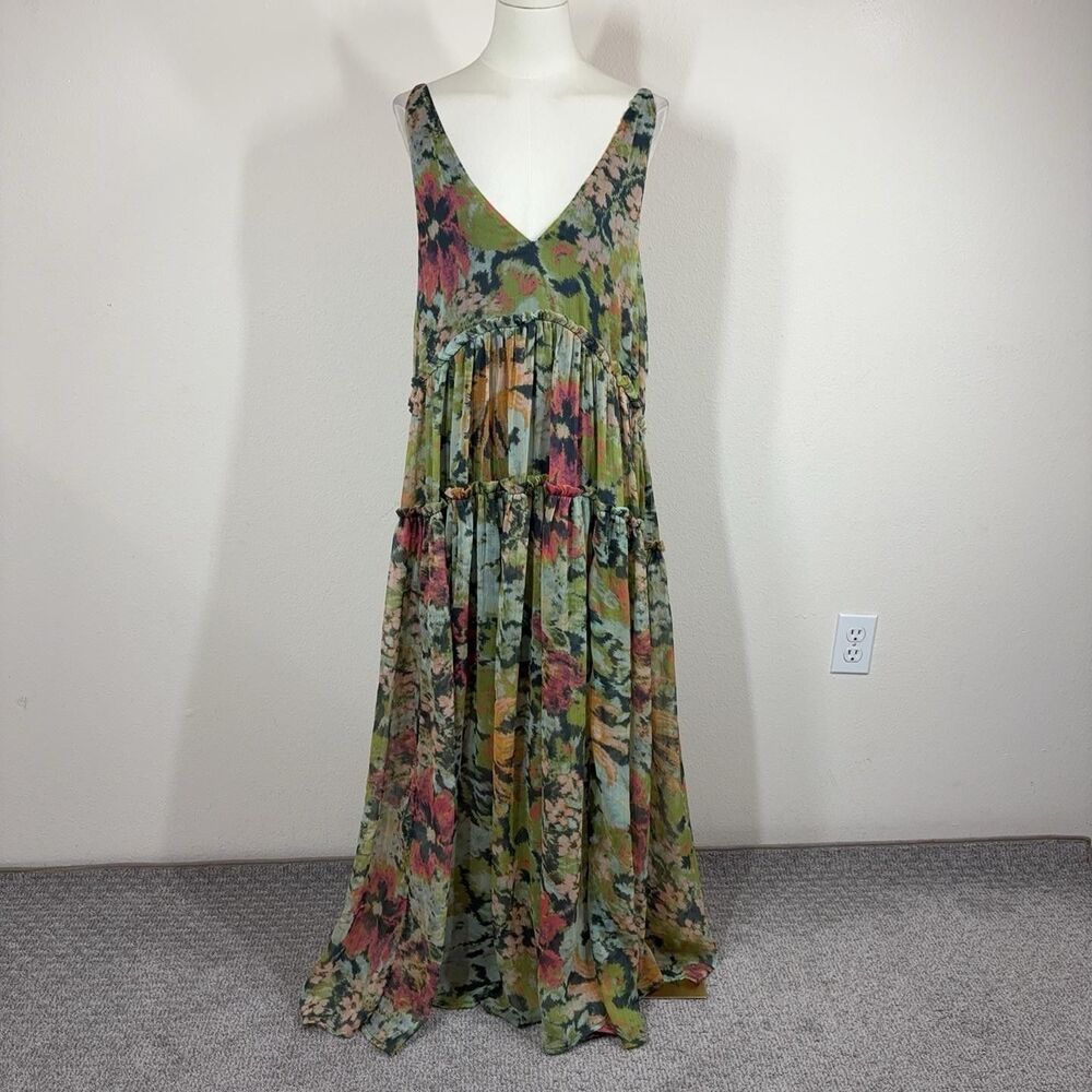 Free People Dress Womens Medium Floral Green Maxi Sundress Pockets Boho Oversize